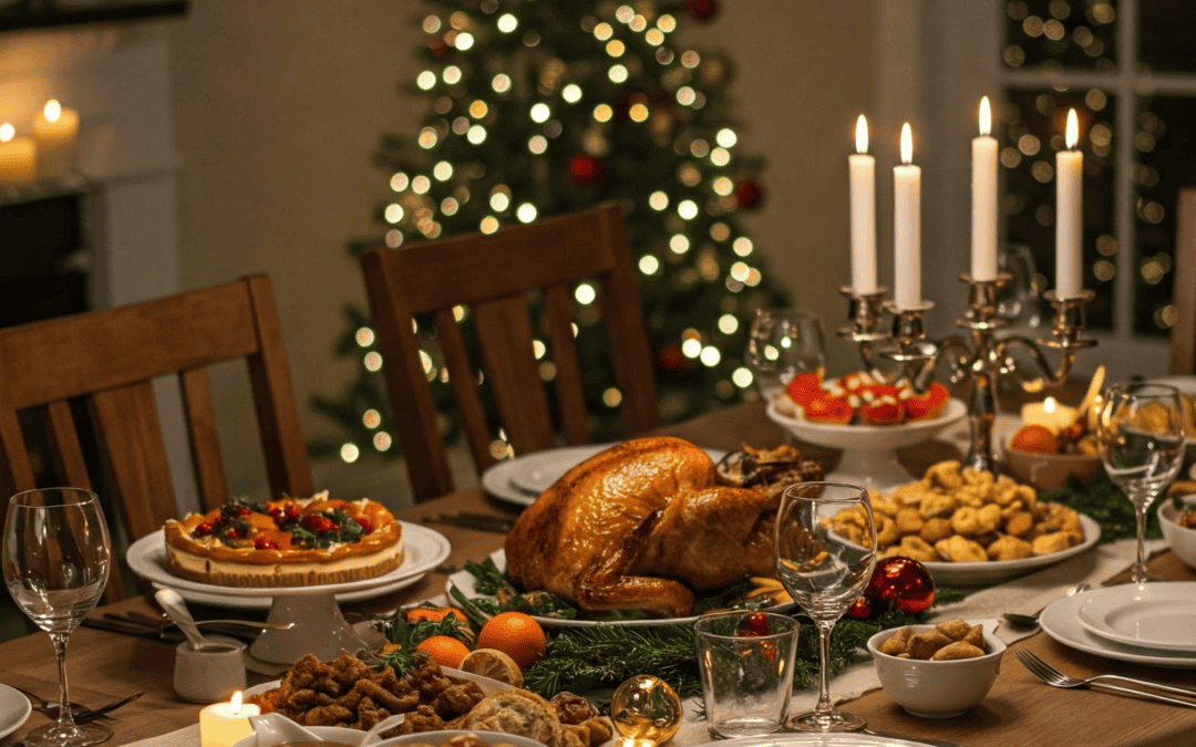 Festive holiday dinner with a roasted turkey, Christmas cookies, and decorated table setting at Roots To Branches Whole Health Clinic.